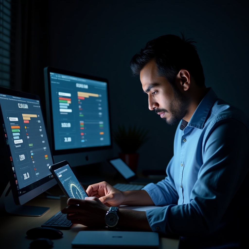 Persona realizando una prueba de velocidad en diferentes dispositivos